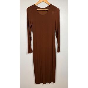 Quince Dress Women M Brown Tencel Rib Knit Long Sleeve Midi Bodycon Minimalist